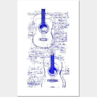 Blue Neon Acoustic Guitar Da Vinci blueprint Posters and Art